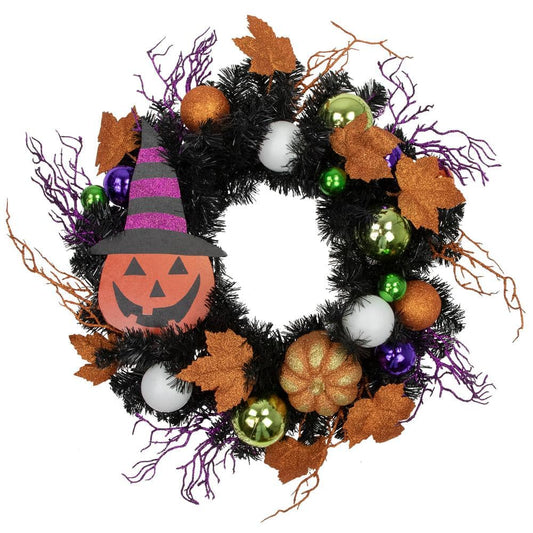 24 in. Black Unlit Jack-O-Lantern in Witches Hat Halloween Wreath | USA Decoration