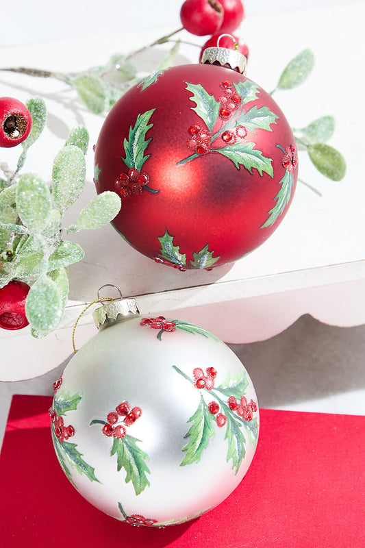 Holly Glass Ornament Red White Christmas Decoration