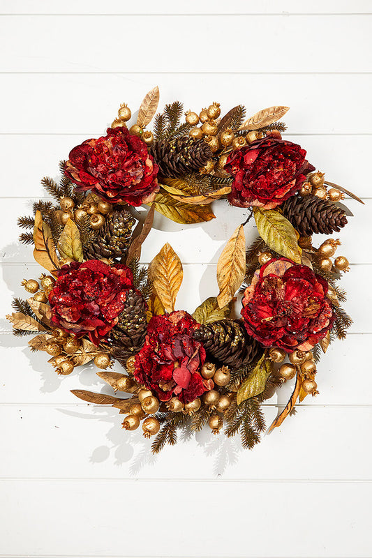 24" Burgundy & Gold Peony Laurel Berry Wreath Elegant Floral Door & Wall Decor