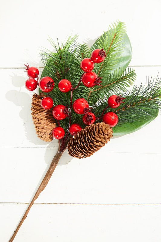 16” Magnolia Leaf Berry Cone Pick for Holiday Decor