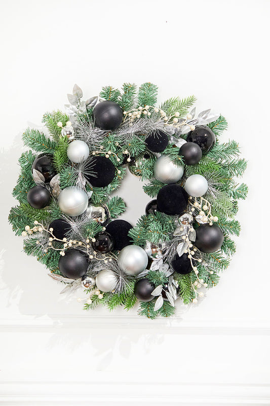 24" Christmas Pine Wreath with Black Velvet Balls Elegant Holiday Door Decor