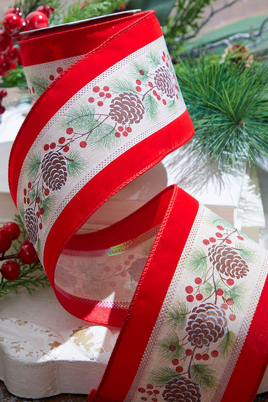 4 Inch x 10 Yard Pinecone and Berry Wired Ribbon Christmas Decoration