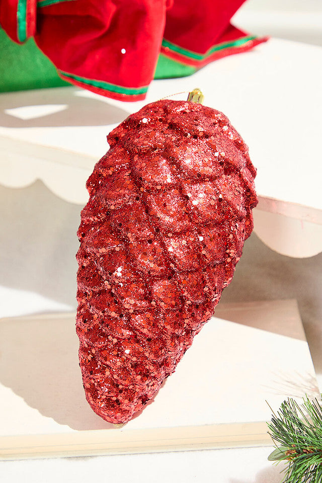 9” Glitter Pine Cone with Hanger in Red for Holiday Decor