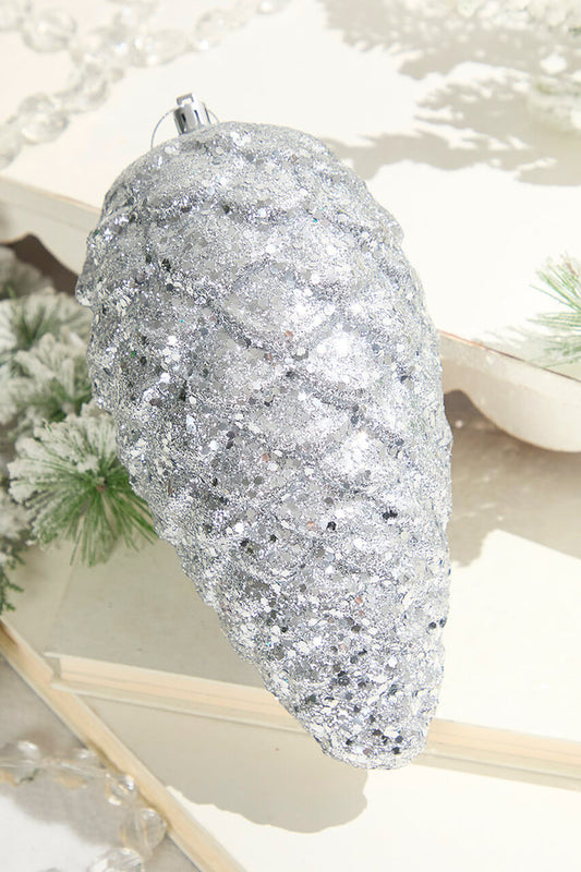 9" Glitter Pine Cone with Hanger Silver Christmas Decoration