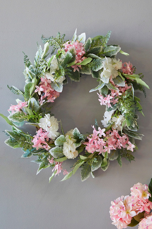 24" Mixed Flower Wreath Pink White & Green Floral Arrangement