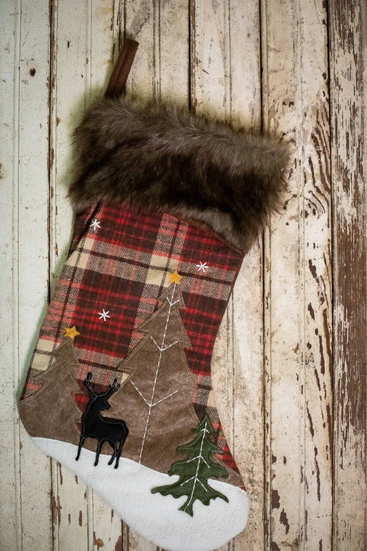 20” Plaid Deer Stocking with Faux Fur Cuff