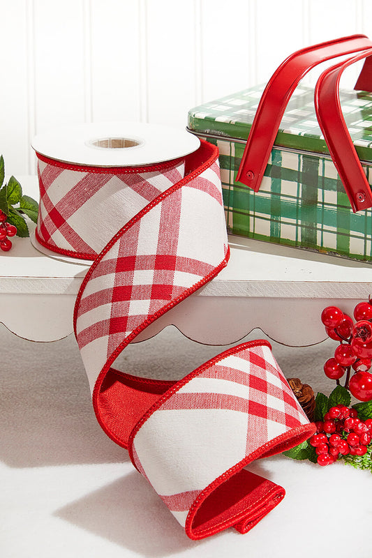 2.5" x 5 Yard Red and White Plaid Taffeta Ribbon Wired Christmas Gift Wrapping and Craft Ribbon
