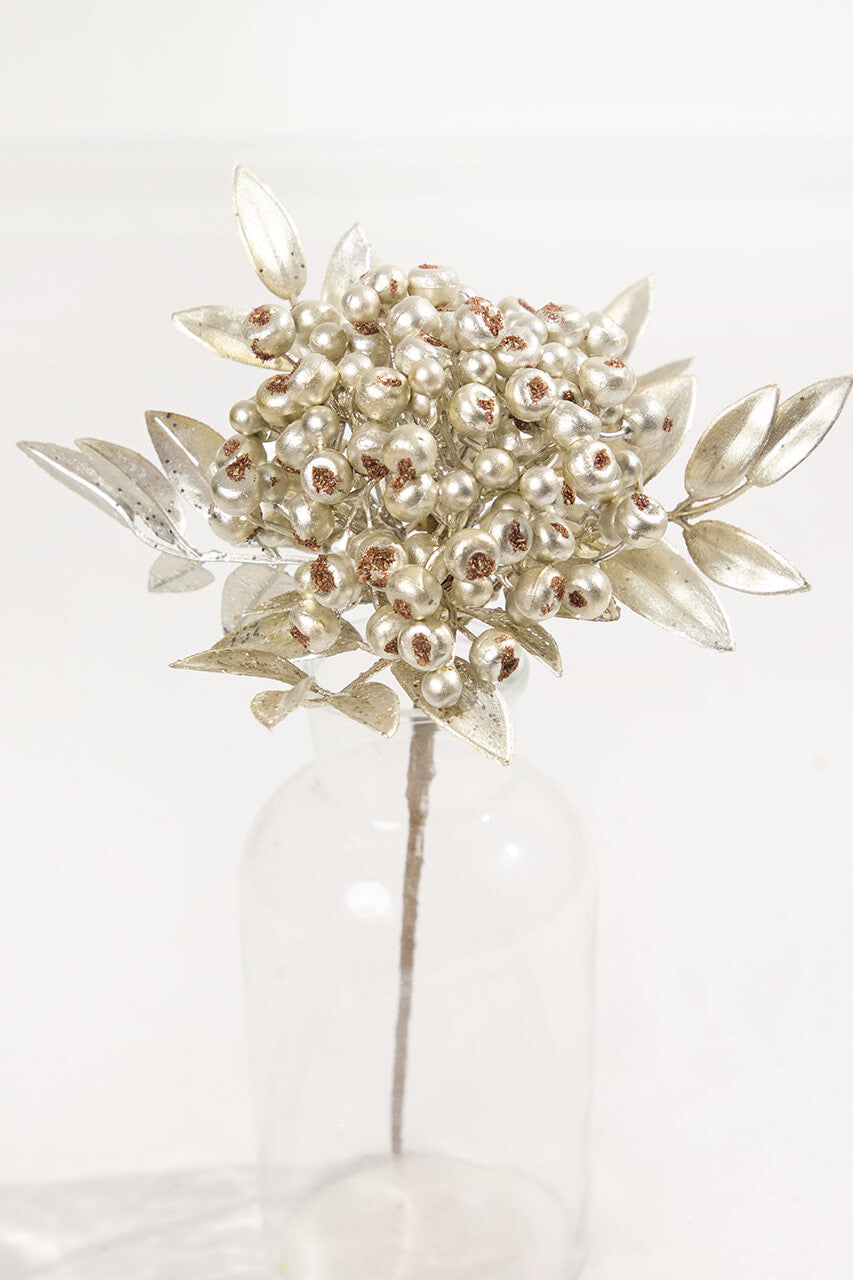 14" Platinum Berry Bunch Metallic Stem Elegant Artificial Holiday Pick for Christmas Tree and Floral Arrangements