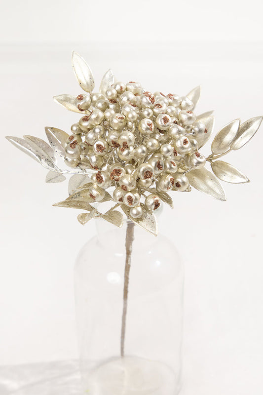 14" Platinum Berry Bunch Metallic Stem Elegant Artificial Holiday Pick for Christmas Tree and Floral Arrangements