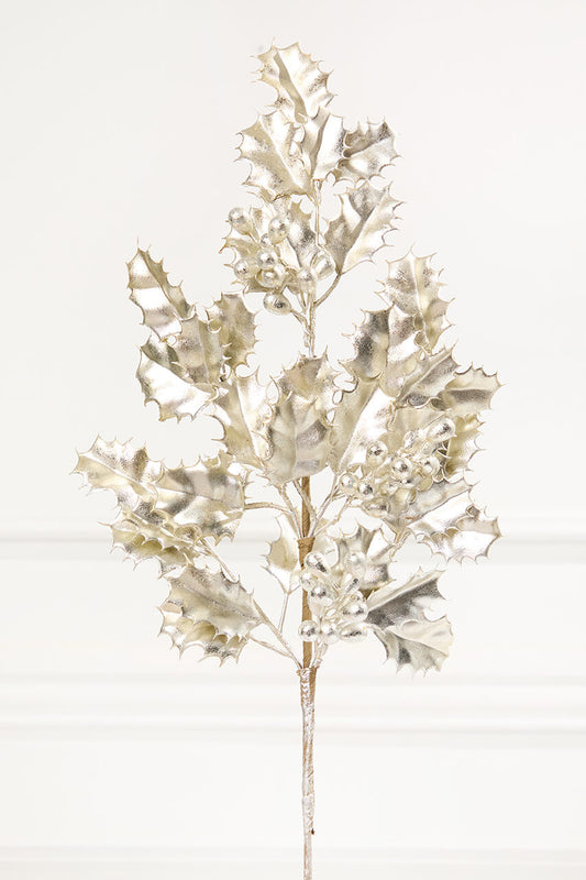 Platinum Holly Berry Stem 27" Metallic Artificial Christmas Floral Pick for Elegant Holiday Arrangements