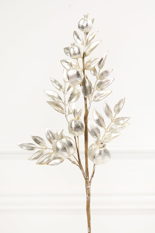 26? Platinum Metallic Pomegranate Stem Shimmering Holiday Accent