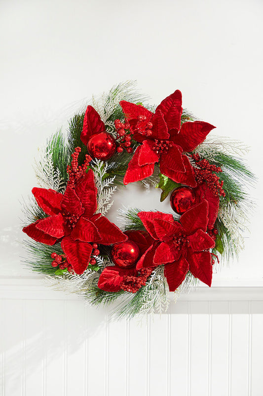 22” Poinsettia with Pine Wreath Classic Christmas Wreath with Red Flowers, Pinecones & Greenery