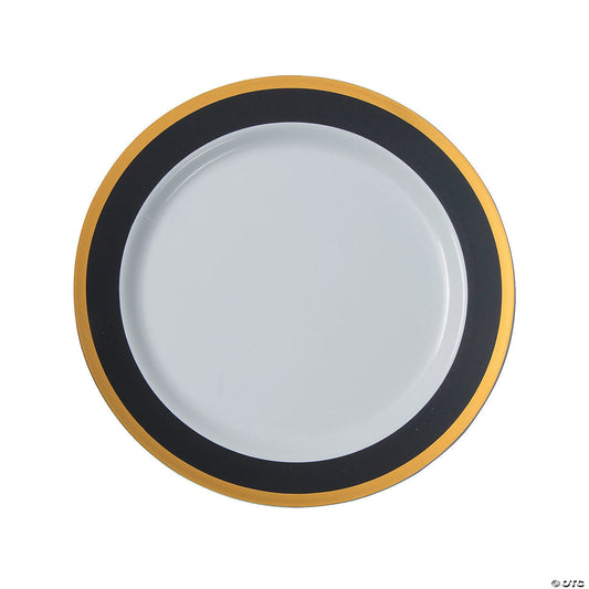Premium Black & White Plastic Dinner Plates with Gold Border - 25 Ct.