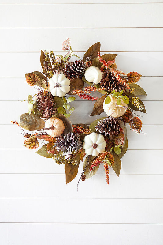 24" Pumpkin Leaves Berry Wreath Autumn Harvest Door & Wall Decor