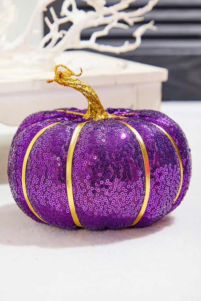 7" Purple Sequin Pumpkin with Gold Stem for Halloween