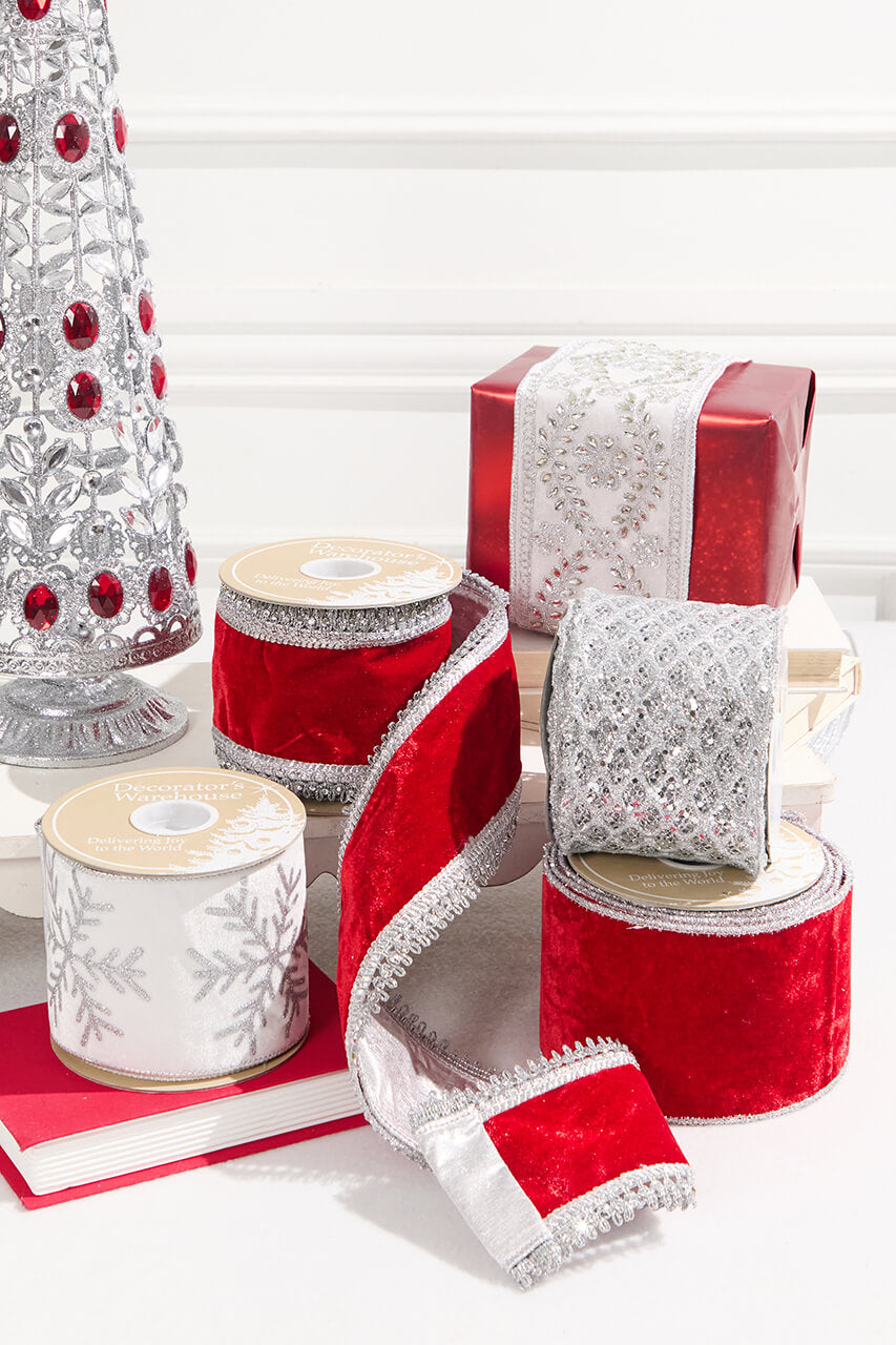 4" x 10 Yard Red Velvet with Silver Tinsel Edge Ribbon