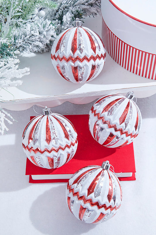 4 Inch Red Silver White Mercury Ridged with Zigzag Stripe Ball Set of 4 Christmas Ornaments
