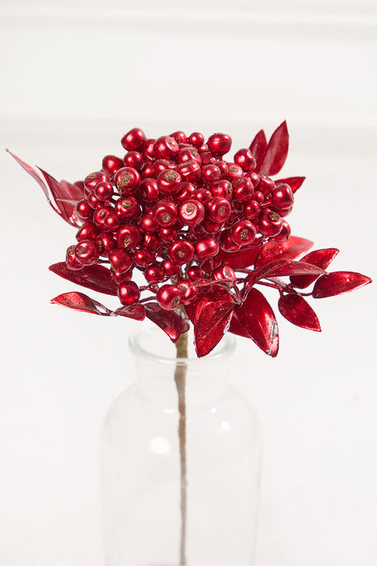 14" Red Berry Bunch Metallic Artificial Holiday Floral Pick for Christmas Tree and Winter Decoration