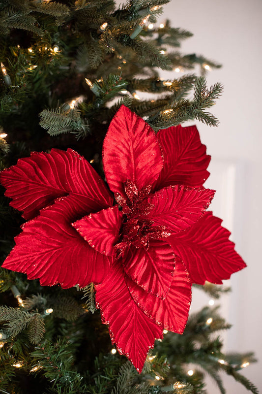 24” x 17" Red Velvet Glitter Poinsettia Stem Luxurious Artificial Christmas Flower Décor