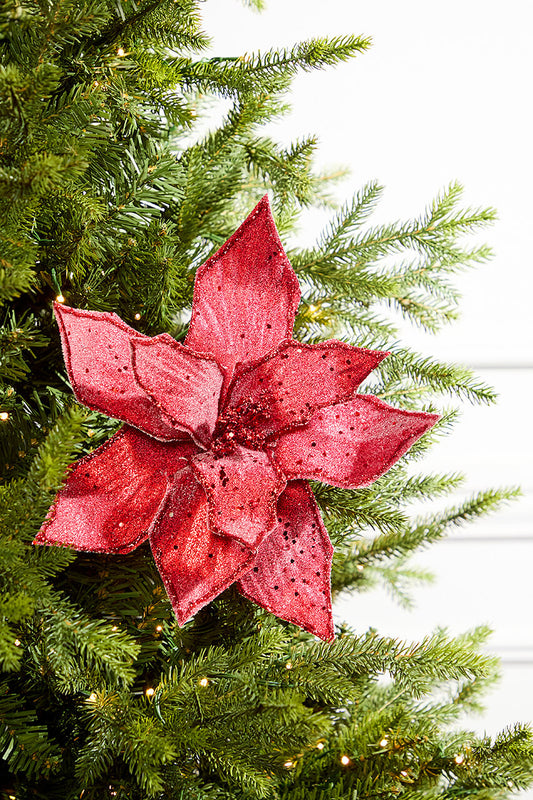 22" Red Iced Poinsettia Stem Frosted Artificial Christmas Flower Decoration