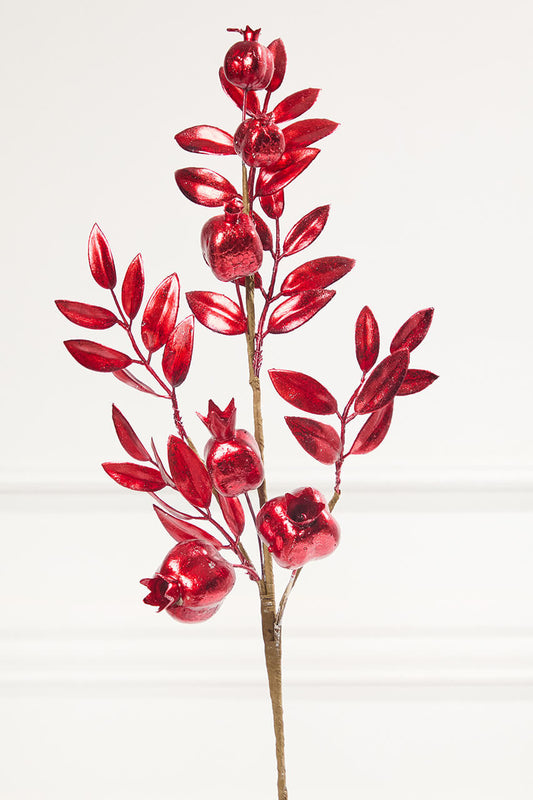 26? Red Metallic Pomegranate Stem Shimmer Berry Holiday Accent