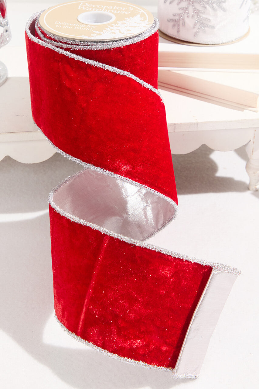 4" x 10 Yard Red Velvet with Silver Tinsel Edge Ribbon