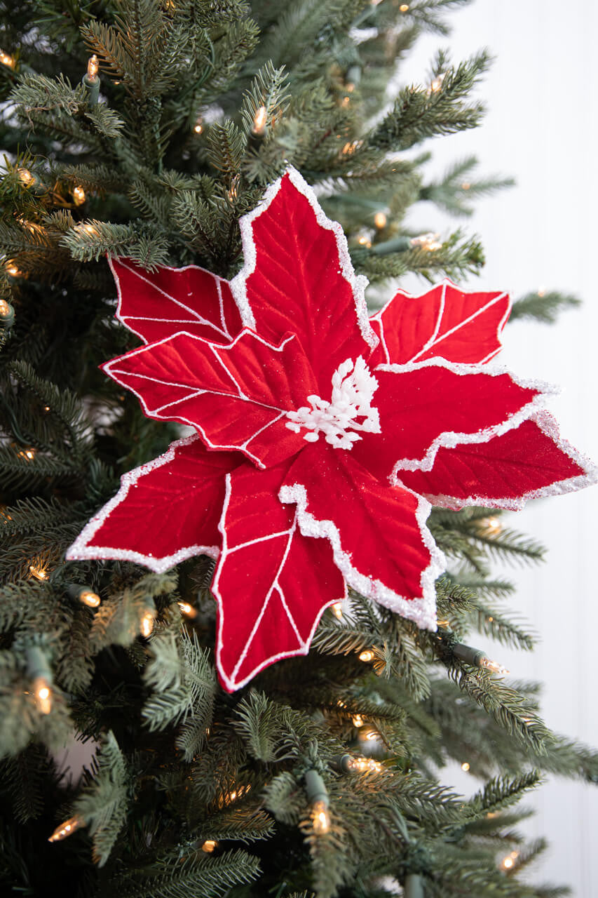 22" x 13" Red and White Velvet Glitter Poinsettia Artificial Christmas Floral Stem