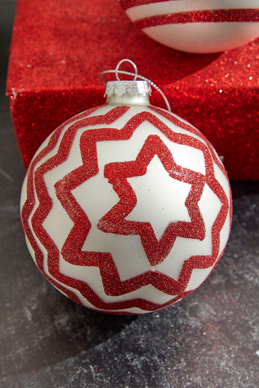 4" Red with Stripes/Zig Zag Glass Ball Ornament