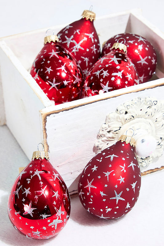 6ct Glass Drop Ornament Set Red Velvet Silver Stars Christmas Decoration