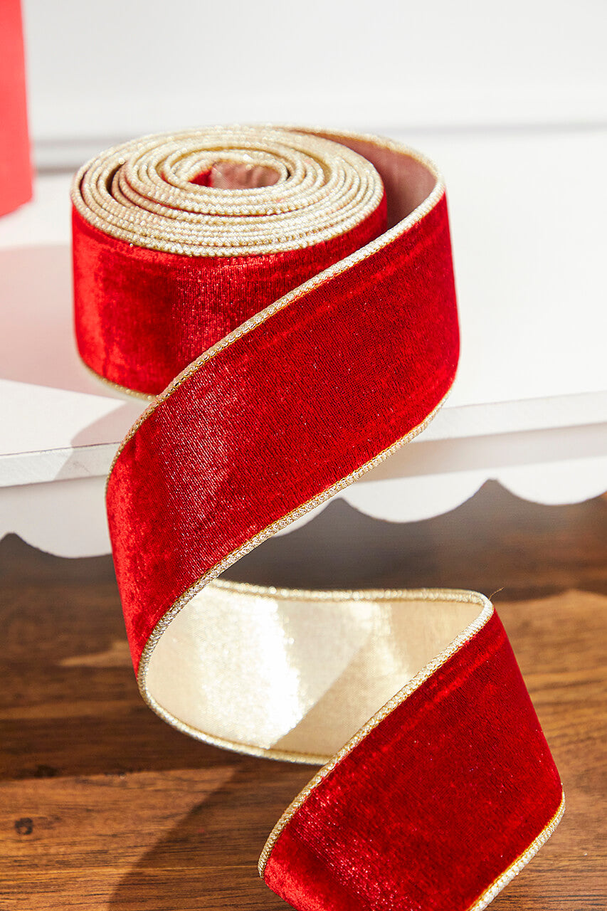 2.5" x 5 Yard Sheldon Velvet Metallic Dupioni Ribbon Red