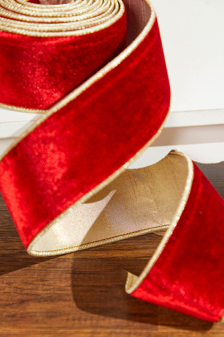 2.5" x 5 Yard Sheldon Velvet Metallic Dupioni Ribbon Red
