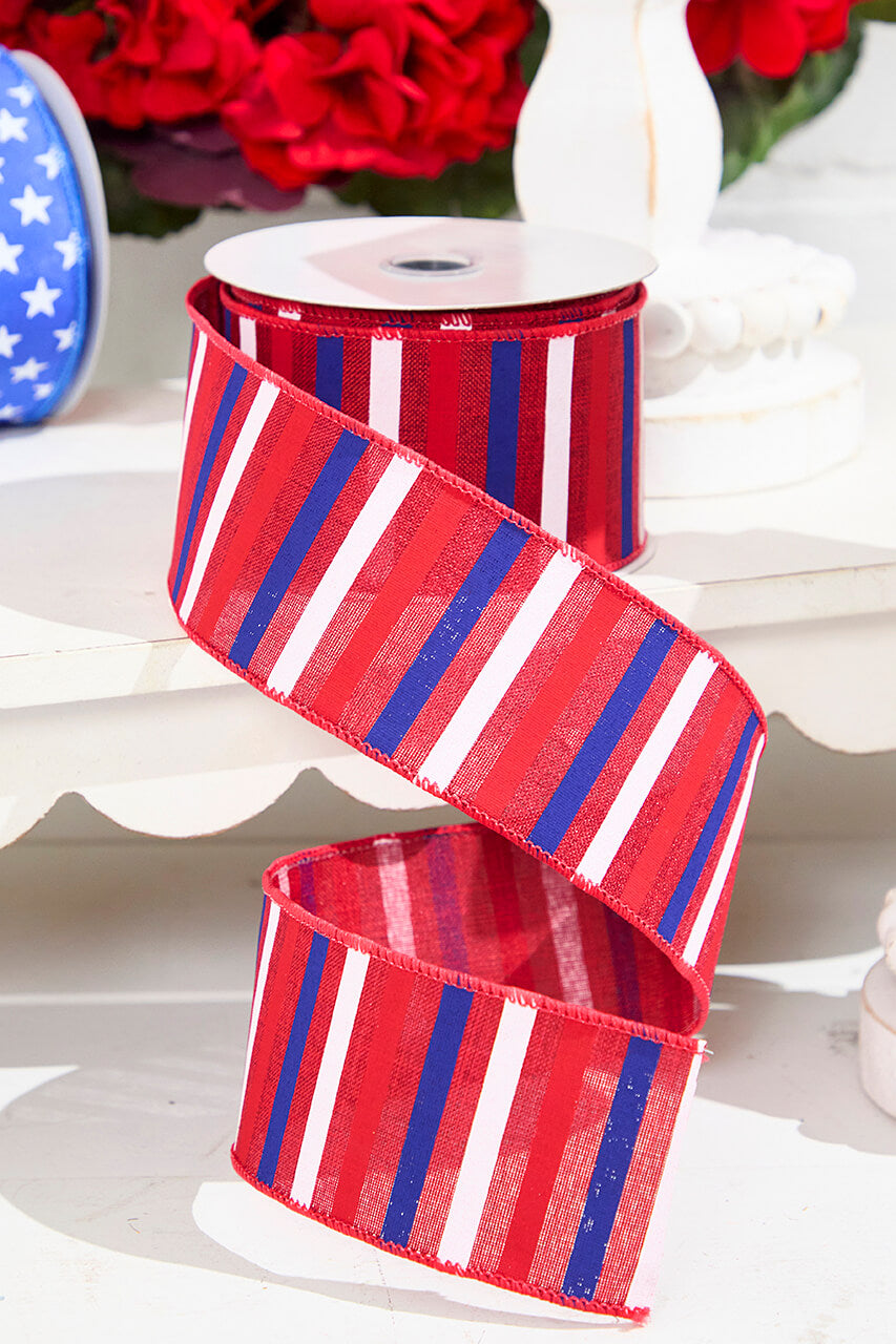2.5" x 10 Yard Horizontal Stripe Red, White & Blue Ribbon