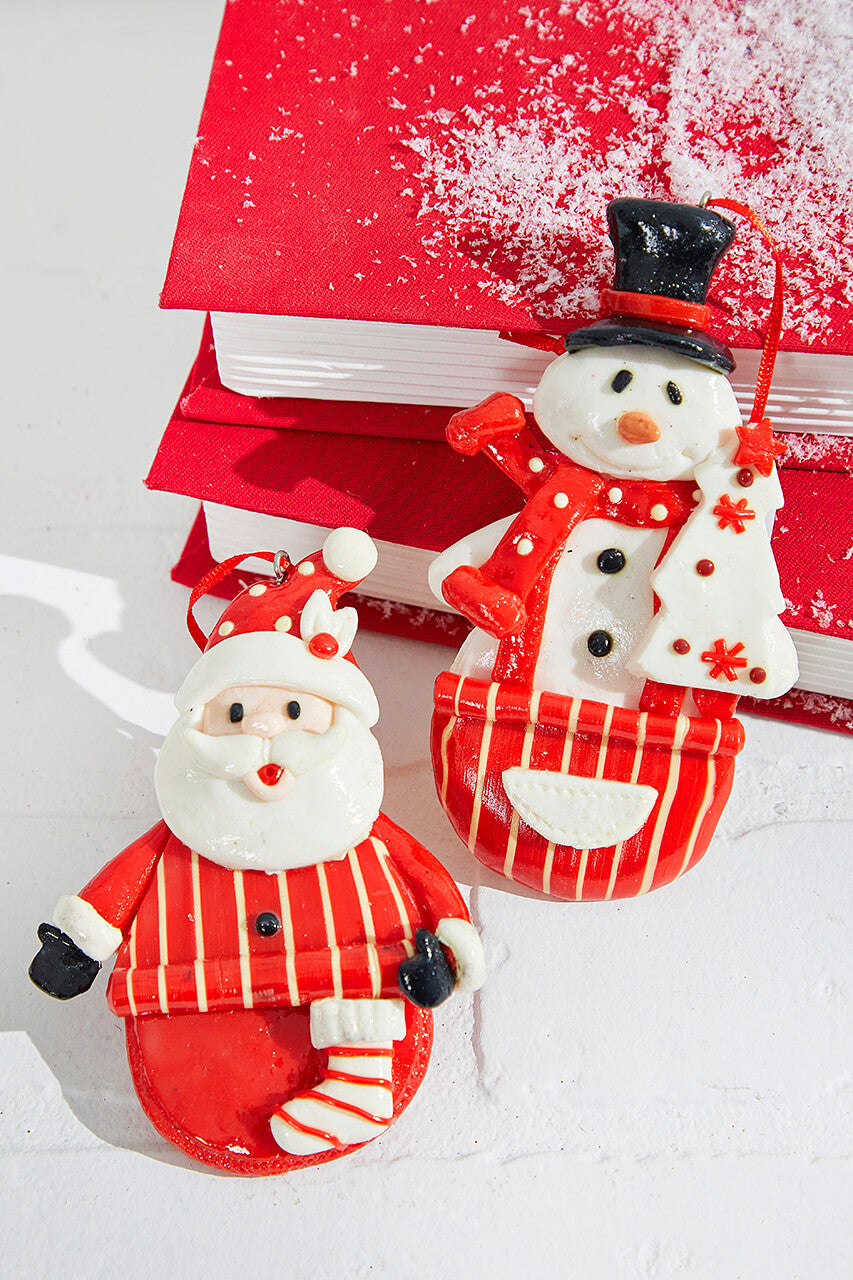 4.5" Resin Holiday Santa and Snowman Ornament for Festive Decor