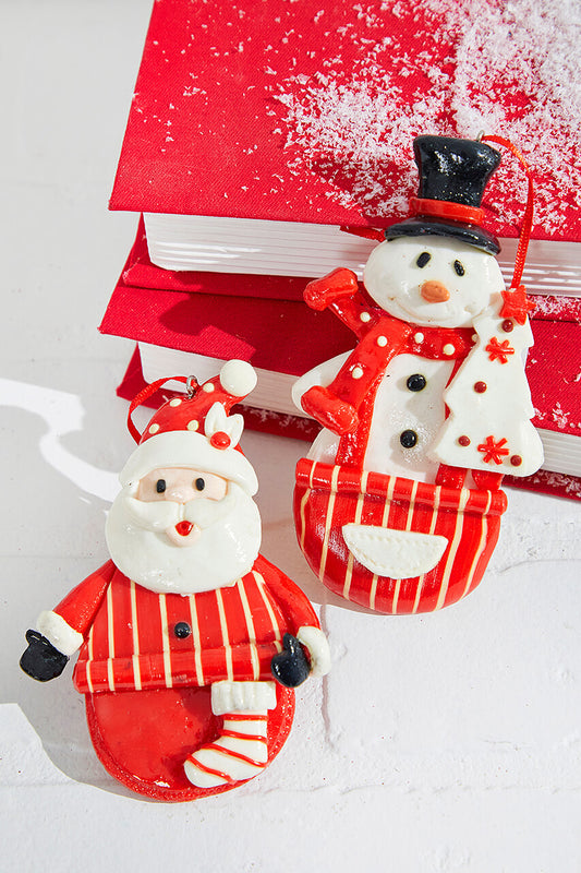 4.5" Resin Holiday Santa and Snowman Ornament for Festive Decor