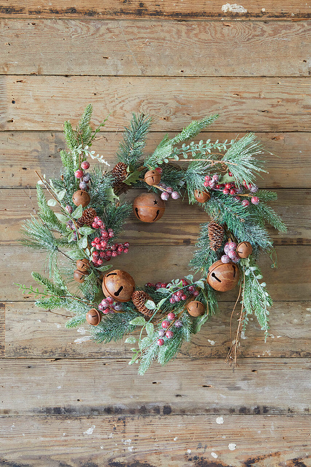 18" Rustic Bell Wreath Farmhouse Christmas Wreath with Jingle Bells for Front Door or Wall Décor