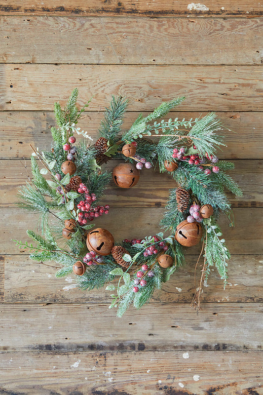 18" Rustic Bell Wreath Farmhouse Christmas Wreath with Jingle Bells for Front Door or Wall Décor