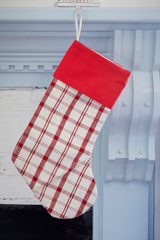 Beige Stocking with Red Plaid Christmas Decoration