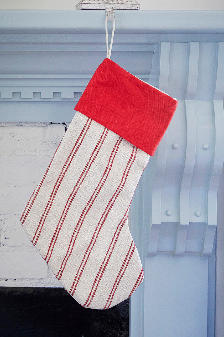 Beige Christmas Stocking with Red Stripes Classic Holiday Stocking for Fireplace Mantel & Christmas Décor