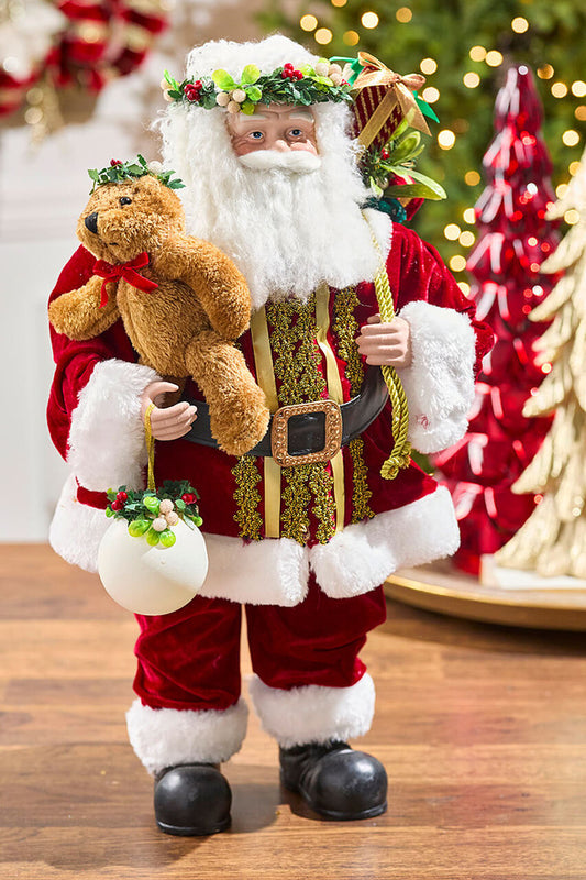 24" Resin Botanica Santa With Bear & Ball – Holiday Decor