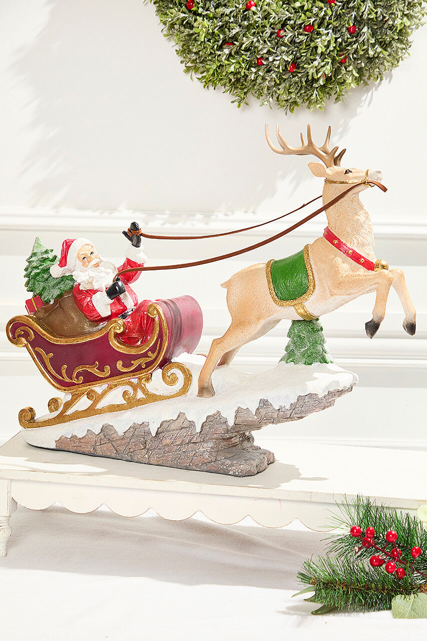 21.5" Resin Santa in Sleigh with Deer – Holiday Decor