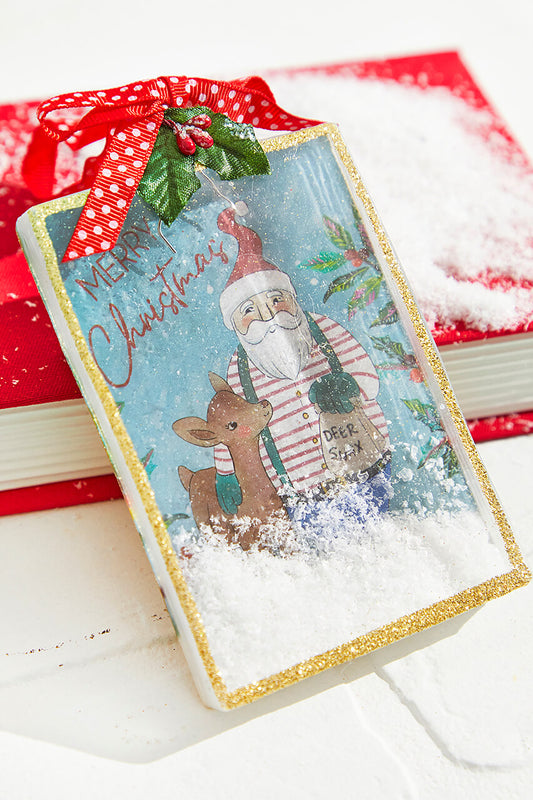 5-Inch Square Snowglobe Santa Ornament for Whimsical Holiday Decor