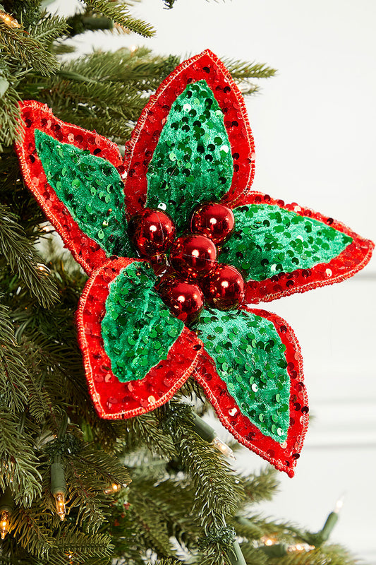 22-Inch Red and Green Sequin Poinsettia Stem for Sparkling Holiday Decor
