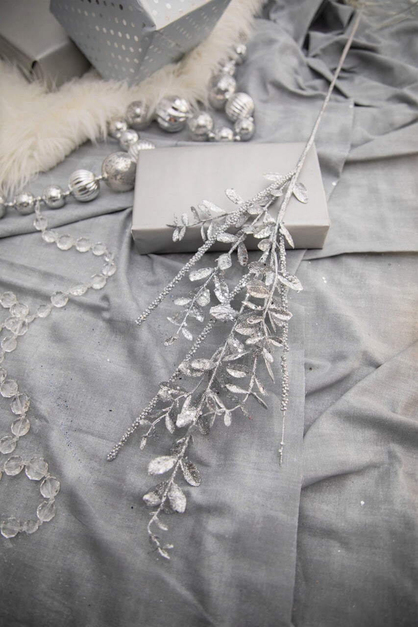 29? Silver Glitter Boxwood Berry Spray Sparkling Holiday Stem Accent