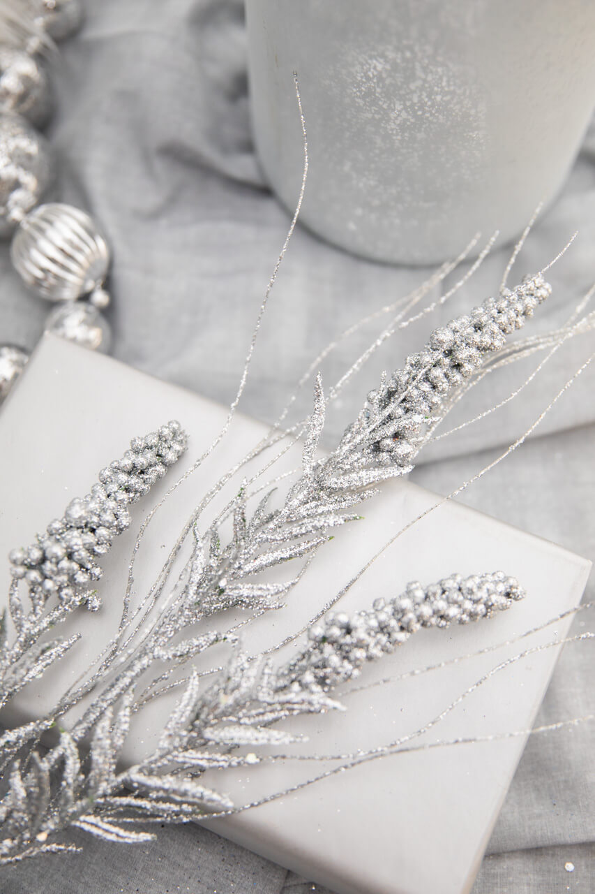 30” Silver Glitter Berry Spike/Twig Christmas Spray
