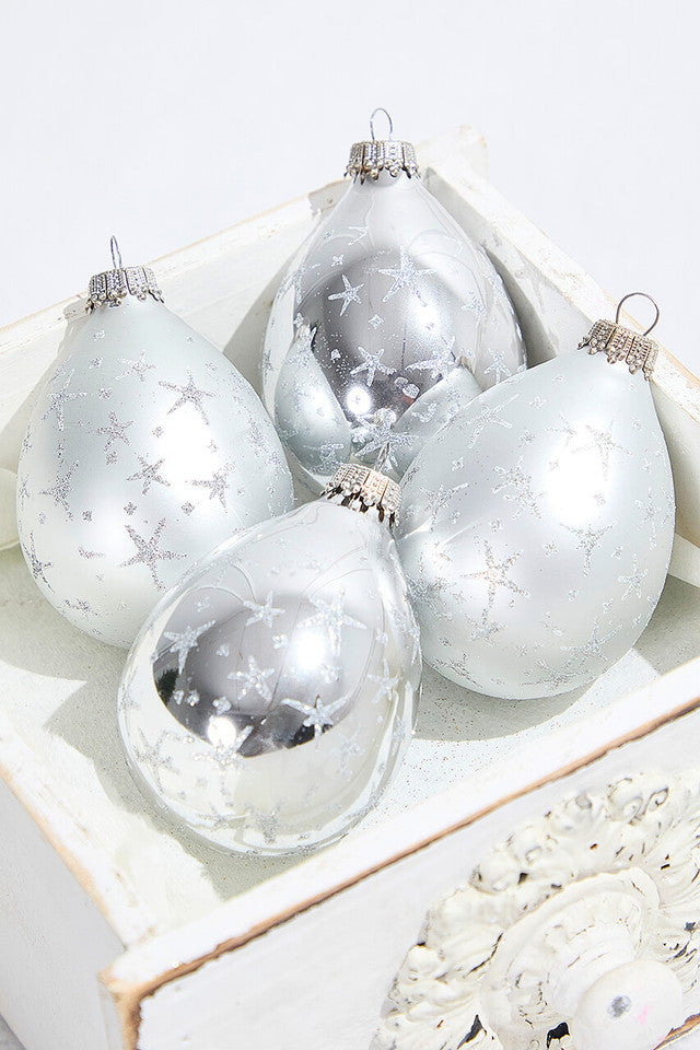 4ct Glass Drop Bright Silver & Silver Pearl Ornaments with Silver Stars