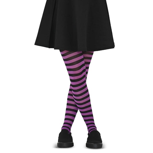Skeleteen Black and Purple Tights - Striped Nylon Stretch Pantyhose Stocking Accessories for Every Day Attire and Costumes for Teens and Children | USA Decoration®