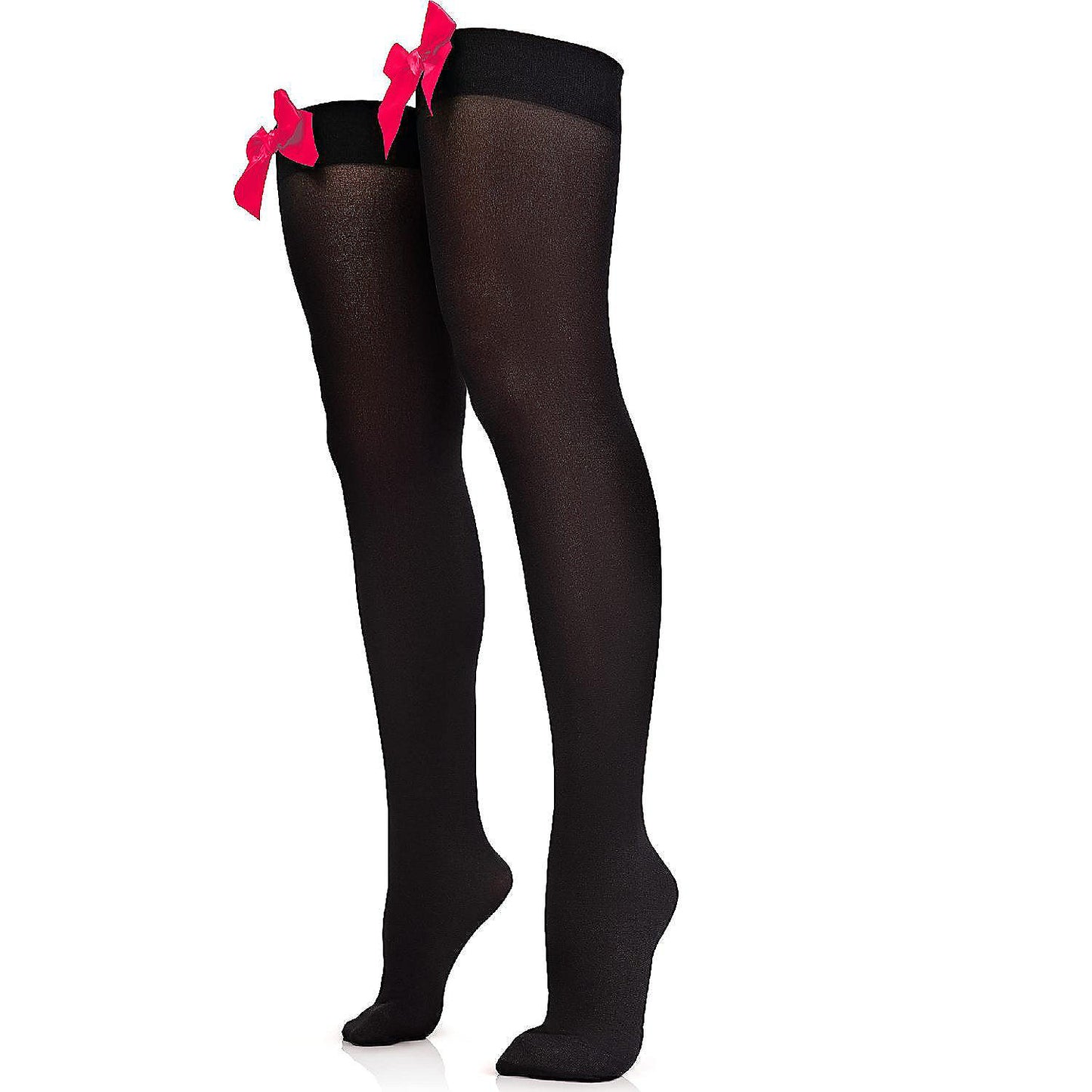 Skeleteen Bow Accent Thigh Highs - Black Over the Knee High Stockings with Red Satin Ribbon Bow Accent for Women and Girls | USA Decoration®