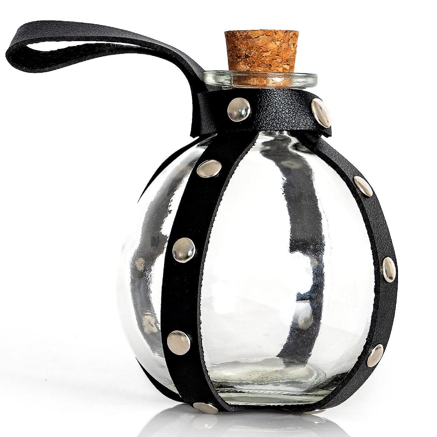 Skeleteen Dark Magic Potion Bottle - Black Wizard Potions Glass Holder with Cork Stopper and Faux Leather Harness with Holster Loop | USA Decoration®