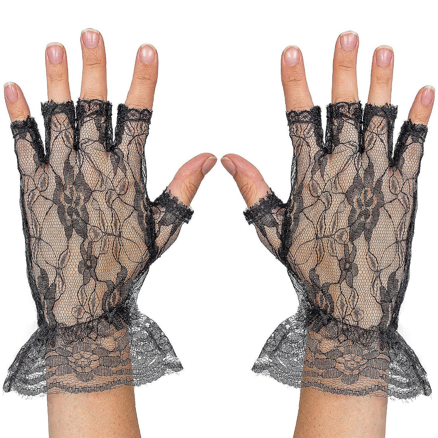 Skeleteen Fingerless Lace Black Gloves - Ladies and Girls Ruffled Lace Finger Free Bridal Wrist Gloves