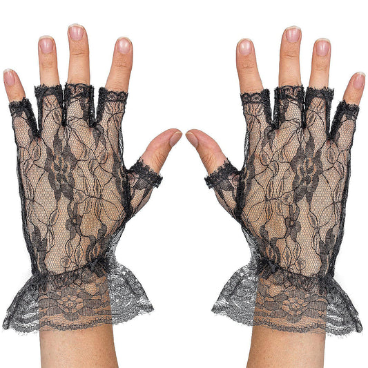 Skeleteen Fingerless Lace Black Gloves - Ladies and Girls Ruffled Lace Finger Free Bridal Wrist Gloves